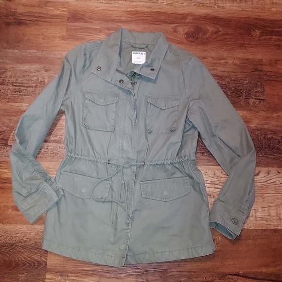 Old navy olive jacket small petite draw string waist - Picture 4 of 8